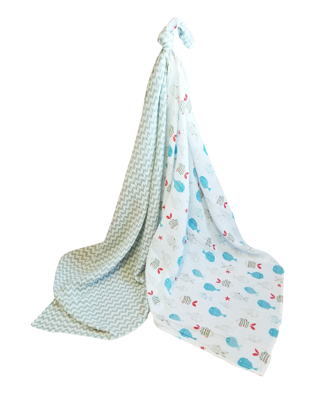 Lightweight Baby Blanket, 2 Pack, Travel Bag (Fish Print and Gray Zigzag)