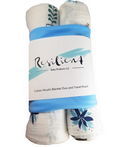 Blue succulent and cactus print cotton muslin baby blanket 2 pack with travel bag. Zipper closure and water resistant lining. 100% cotton muslin natural fibers. Blue print. 