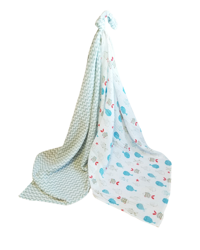 Lightweight Baby Blanket, 2 Pack, Travel Bag (Fish Print and Gray Zigzag)