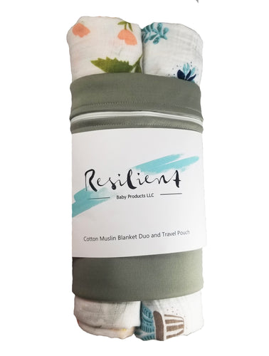 Lightweight Baby Blanket- 2 Pack with Travel Bag- Blush Floral and Blue Cactus